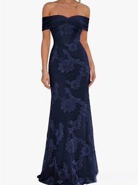 Off-the-Shoulder Navy Floral Evening Dress